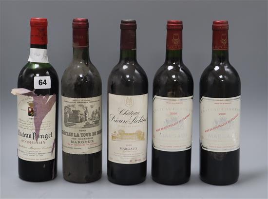 Margaux x 2 Ch.Charount, 2001, 1 Ch. Pouget, 1970, 1 Ch. La tour de mous, 1990 and 2 Ch.Prieure-Lichine, 1997
